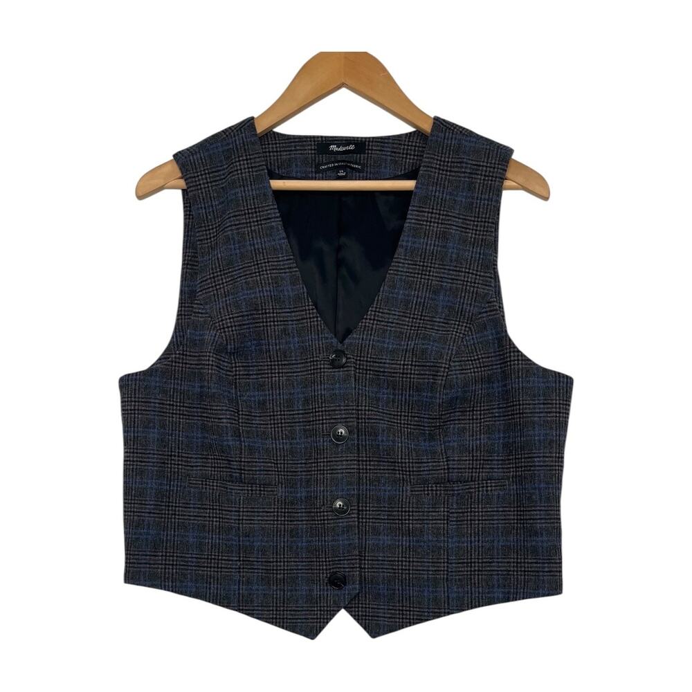 Madewell Vest Womens 14 Gray Blue Plaid Wool Italian Fabric Academia Preppy Fall